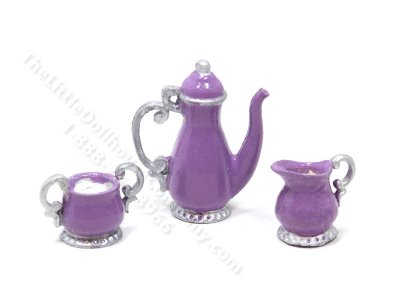 (image for) Miniature Georgian Style 3 Piece Coffee/Tea Set for Dollhouses - Purple & Silver