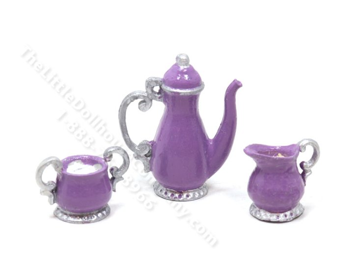 (image for) Miniature Georgian Style 3 Piece Coffee/Tea Set for Dollhouses - Purple & Silver