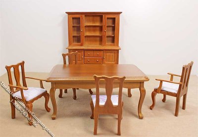 (image for) Miniature 6 Piece Walnut Dining Room Set for Dollhouses