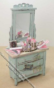 (image for) Miniature Decorated Green Dresser w/mirror for Dollhouses
