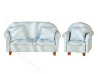 (image for) Miniature Blue/White Striped Sofa and Chair Set for Dollhouses