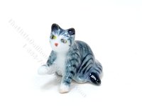 (image for) Miniature Sitting Grey Tabby Cat Figurine for Dollhouses