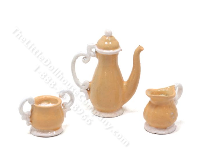 (image for) Miniature Georgian Style 3 Piece Coffee/Tea Set for Dollhouses - Tawny & White