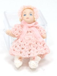 (image for) Miniature Porcelain Baby Doll in Pink and White Crochet