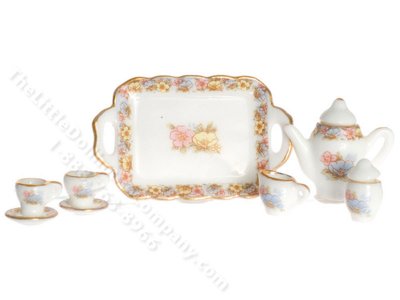 (image for) Miniature Gold and Pink Porcelain Tea Set for Dollhouses