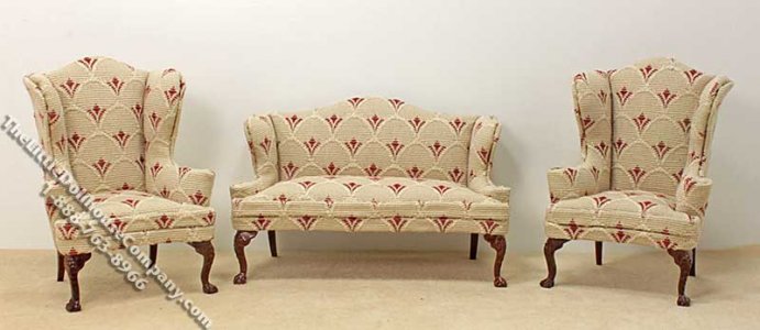 (image for) Miniature Brown Corduroy Sofa & Two Wing Chairs for Dollhouses