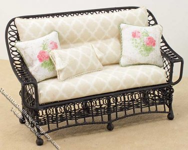 (image for) Miniature Metal Black Settee w/Beige Cushions for Dollhouses