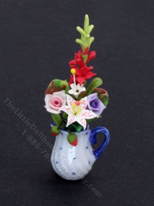 (image for) Miniature Flower Arrangment in a Blue and White Pitcher