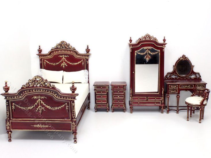 (image for) Miniature 6 Piece Mahogany Bedroom Set for Dollhouses