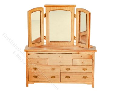 (image for) Miniature Oak Slat Dresser with Mirror for Dollhouses