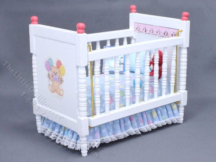 (image for) Miniature White Crib Dressed in Blue