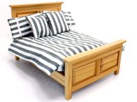 (image for) Miniature Oak Bed with Striped Bedding for Dollhouses