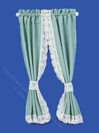 (image for) Miniature Green Tie-Back Curtains for Dollhouses