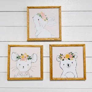 (image for) Miniature Animals in Flower Crowns Three Piece Framed Print Set