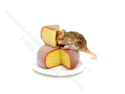 (image for) Dollhouse Scale Model Mouse Eating Cheese Wedge on Plate