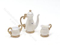 (image for) Miniature Georgian Style 3 Piece Coffee/Tea Set for Dollhouses - Pearl White & Gold