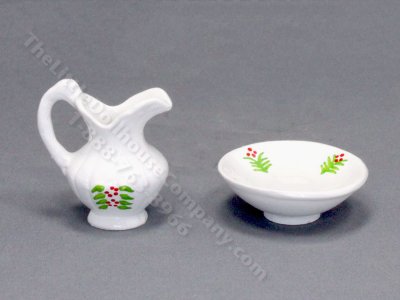 (image for) Miniature White Pitcher and Bowl Set with Flowers for Dollhouses