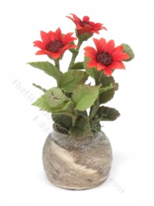 (image for) Dollhouse Miniature Red Gerber Daisies in Round Vase