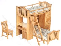 (image for) Miniature Oak Bunk Bed Set With Desk and Chair For Dollhouses