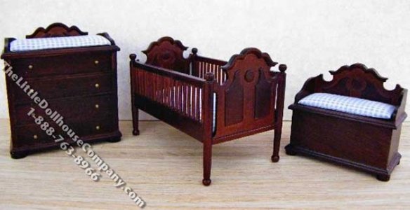 (image for) Miniature Mahogany Nursery Set with Blue Covers for Dollhouses