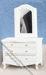 (image for) Miniature White Low Dresser with Mirror for Dollhouses