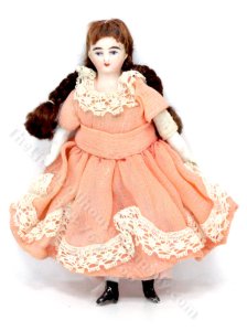 (image for) Brunette Girl with Pigtail Braids in a Coral Dress for Dollhouse