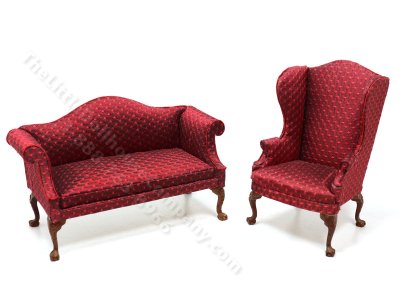 (image for) Miniature 2 piece Red Damask Camelback Living Room Set for Dollhouses