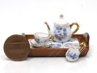(image for) Miniature Porcelain Blue Onion Design Tea Set with Wooden Tray