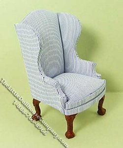 (image for) Miniature Blue and White Pinstriped Wing Chair for Dollhouses