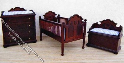 (image for) Miniature Mahogany Nursery Set with Blue Covers for Dollhouses