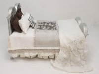(image for) Miniature Silver Bed with Brown, White, and Beige Bedding