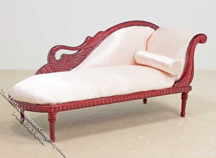 (image for) Dollhouse Scale Model Mahogany Chaise Lounge w/Pink Fabric