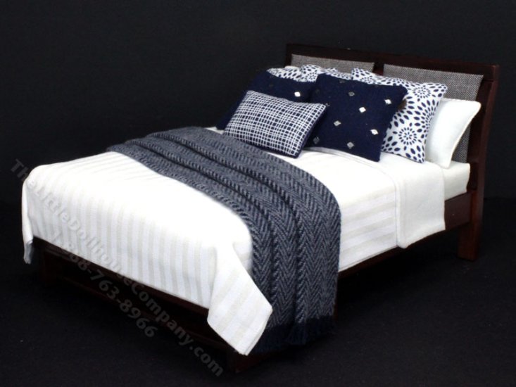 (image for) Miniature Modern Mahogany Bed Dressed in White and Blue