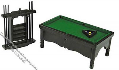 (image for) Miniature Black Pool Table and Cue Stand for Dollhouses