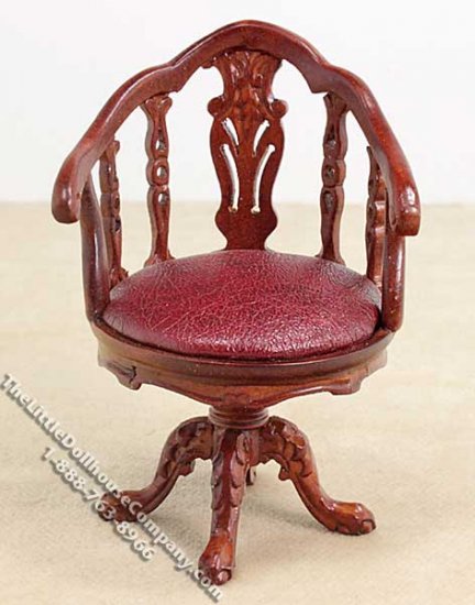 (image for) Miniature Walnut Swivel Desk Chair w/Red Seat for Dollhouses