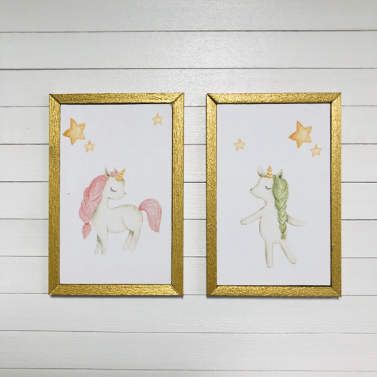(image for) Miniature Pair of Unicorn Framed Prints on Wood