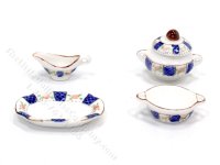 (image for) Miniature 5 Piece Blue/Rose Pattern Serving Set for Dollhouses