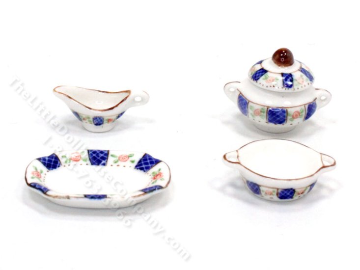 (image for) Miniature 5 Piece Blue/Rose Pattern Serving Set for Dollhouses
