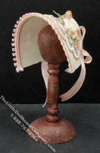 (image for) Miniature White Bonnet w/Pink Ribbon Strap for Dollhouses