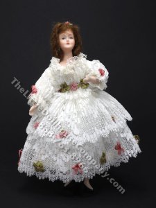 (image for) Vintage Miniature Victorian Lady in White Lace Dress with Green and Pink Bows