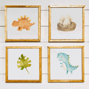 (image for) Miniature Dinosaur Themed Four Piece Framed Print Set