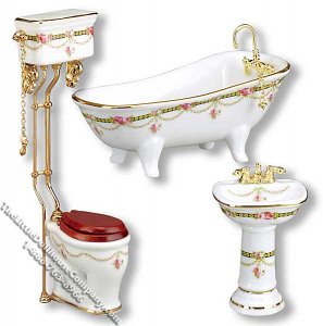 (image for) Dollhouse Scale Model 3pc Victorian Rose Pattern Bathroom Set