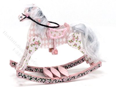 (image for) Miniature Pink Floral Rocking Horse for Dollhouses