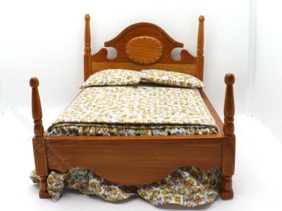 (image for) Miniature Walnut Double Bed With Medallion Carved Headboard