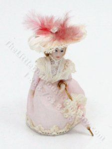 (image for) Miniature Porcelain Victorian Woman Doll w/ Pink Dress & Parasol