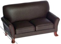 (image for) Miniature Brown Leather Love Seat w/Walnut Feet for Dollhouses