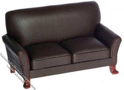 (image for) Miniature Brown Leather Love Seat w/Walnut Feet for Dollhouses