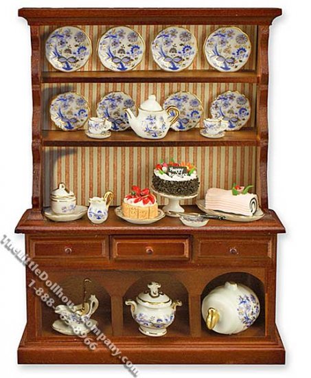 (image for) Miniature Kitchen Hutch w/Blue Onion Dishes for Dollhouses