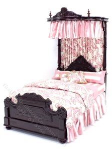 (image for) Miniature Mahogany and Pink Queen Canopy Bed