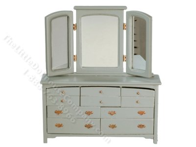 (image for) Miniature Grey Slat Dresser with Mirror for Dollhouses